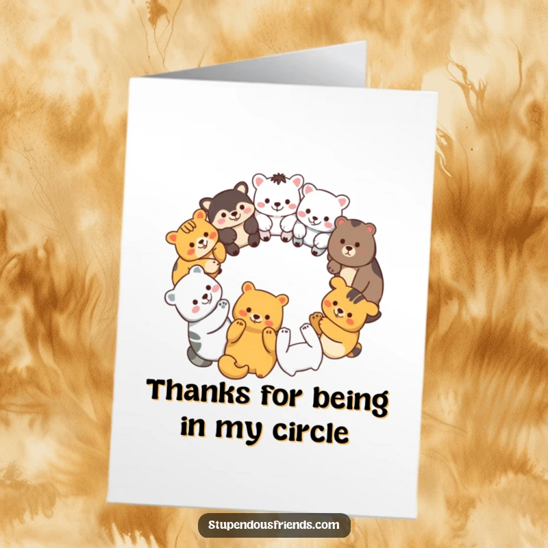 Funny Free Printable Thank You Card with a circle of diverse animal characters holding paws.