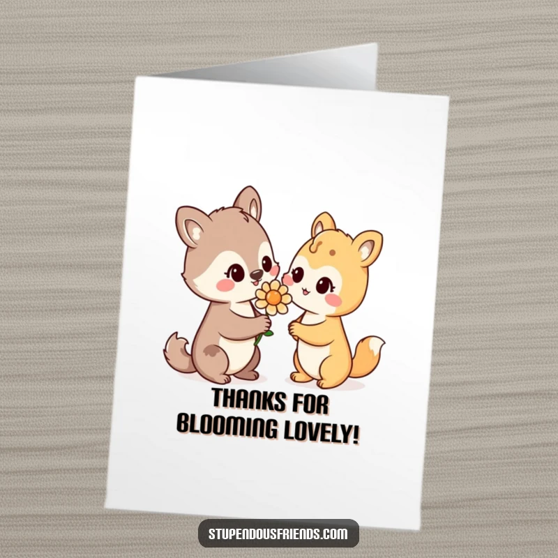 Funny Free Printable Thank You Card: Smiling animal character offering a flower, conveying gratitude warmly.