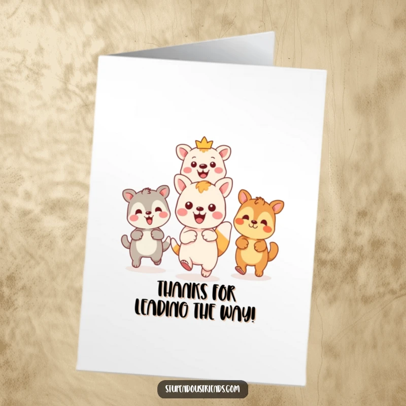 Funny Free Printable Thank You Card: A Kawaii animal points forward, leading a group of friends on an exciting, memorable adventure.
