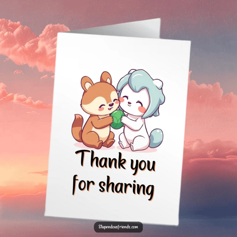 Cute Free Printable Thank You Card: An animal character sharing a toy playfully with a friend, expressing thanks and friendship, printable.
