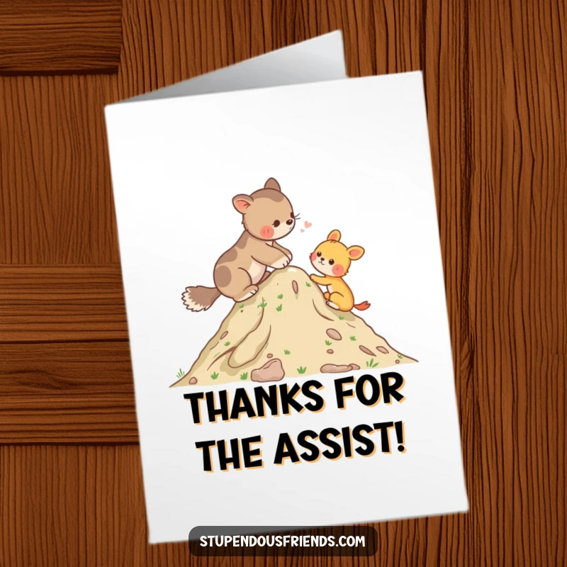 Funny Free Printable Thank You Card: An animal lends a paw to help another climb a gentle hill, showing kindness.