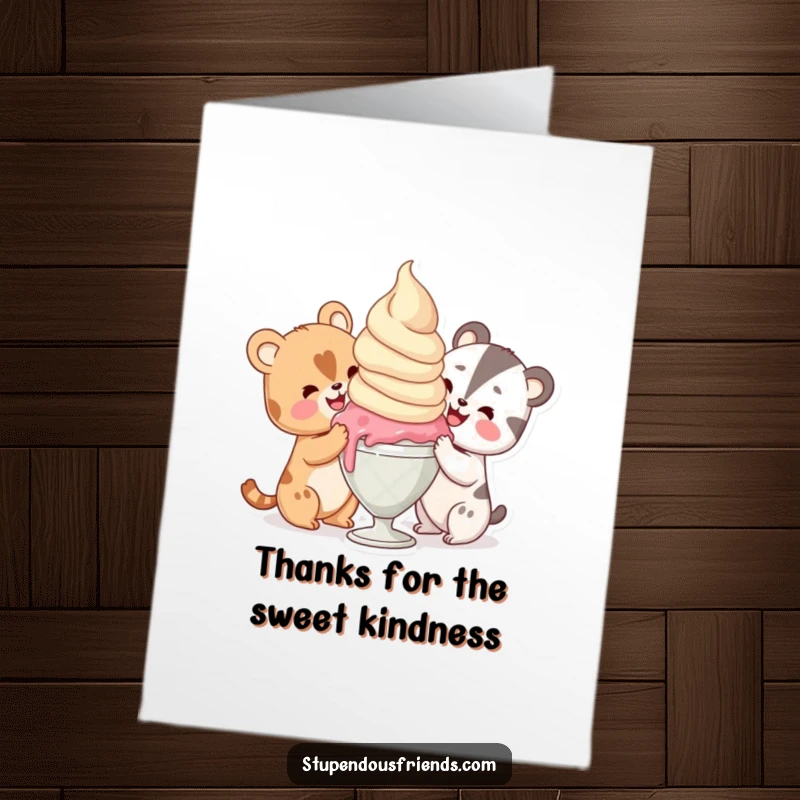 Funny Free Printable Thank You Card: Adorable animals sharing a gigantic scoop of ice cream, faces full of delight.