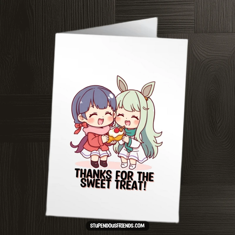 Funny Free Printable Thank You Card: Character sharing a yummy treat with a smiling friend, downloadable art.