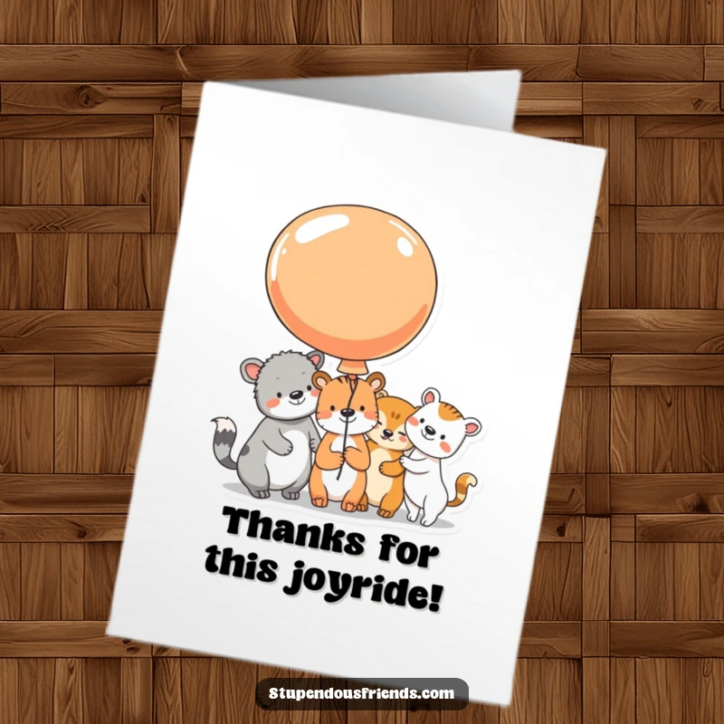 Funny Free Printable Thank You Card: Animal characters sharing a large, colorful balloon, faces beaming with thankful joy.