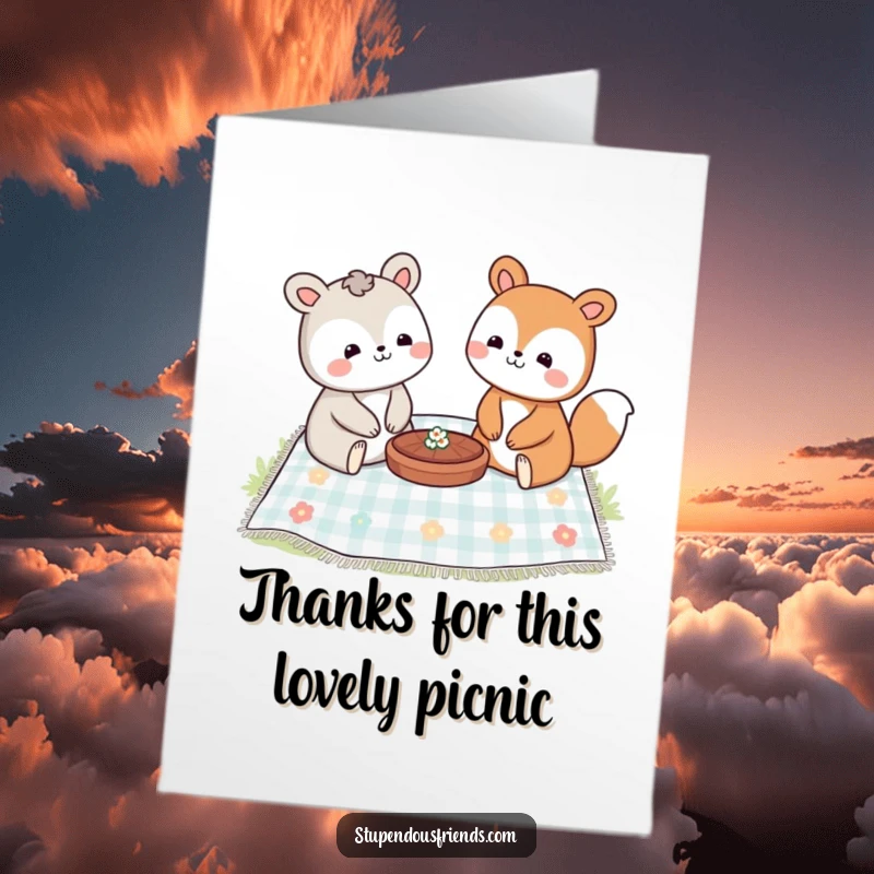 Funny Free Printable Thank You Card: Two animal characters enjoying a picnic together, sharing smiles and a basket of goodies.