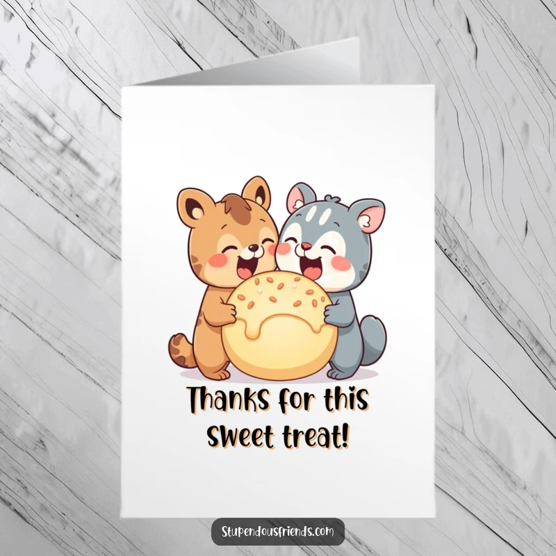 Funny Free Printable Thank You Card: Two animals enjoy a giant treat, a sweet way to say thanks.