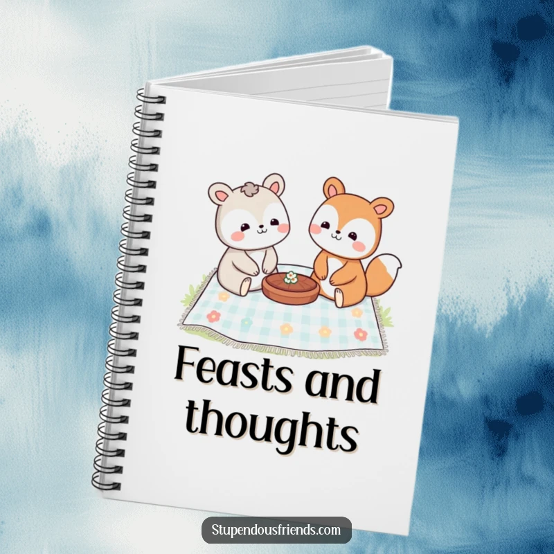 Funny notebook cover depicting two smiling animal characters enjoying a pleasant picnic together outdoors, sharing food.