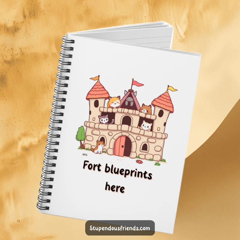 Funny notebook cover with animal friends building a fort, ideal for journaling adventures and collaborative ideas humorously.