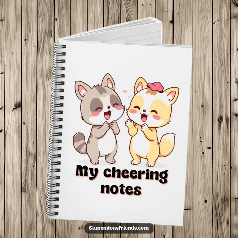 Funny notebook cover with an animal cheering enthusiastically, ideal for journaling motivational thoughts and plans humorously.