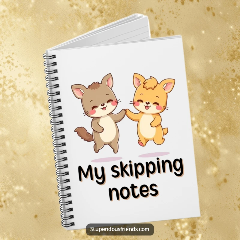 Funny notebook cover with two happy animal characters holding paws and skipping energetically, inspiring cheerful thoughts.