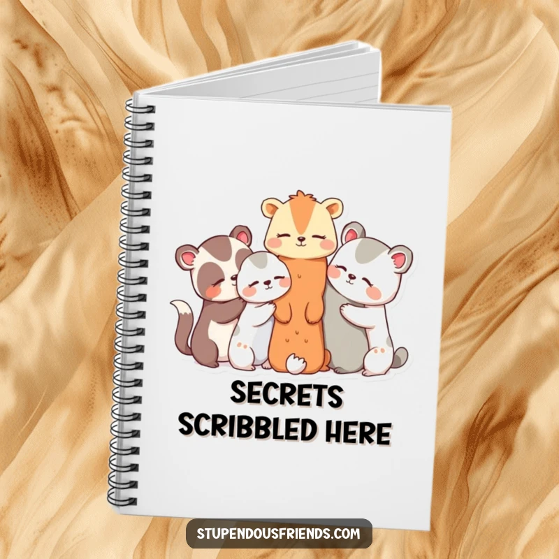 Funny notebook cover with animal characters huddled together, sharing secrets and giggles, inspiring fun thoughts.