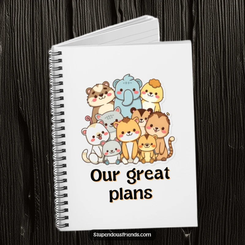 Funny notebook with diverse, smiling animal characters in a cozy huddle, designed for writing and spreading positive messages.