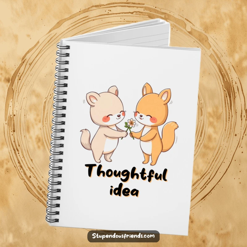 Funny notebook featuring an animal character gently handing a flower to another with a friendly gesture, designed for jotting down gentle thoughts.