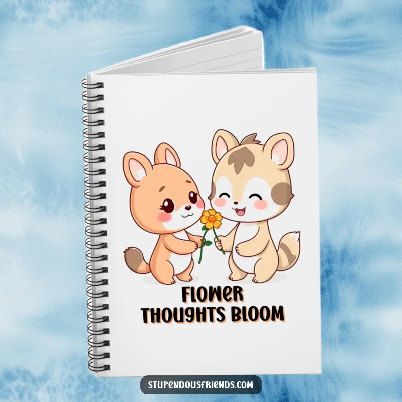 Funny notebook with a smiling animal character offering a delicate flower, ideal for journaling kind thoughts and inspirations.