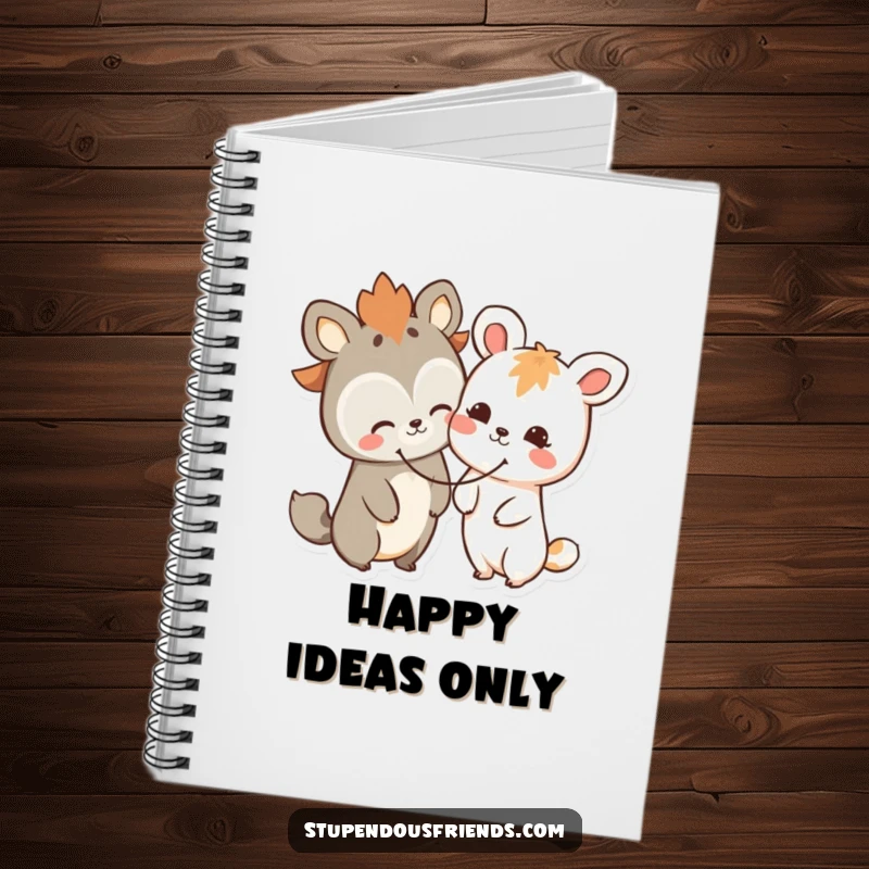 Funny happy animal friends notebook, two characters joyfully sharing a giant smiley face, ideal for journaling with cheer.