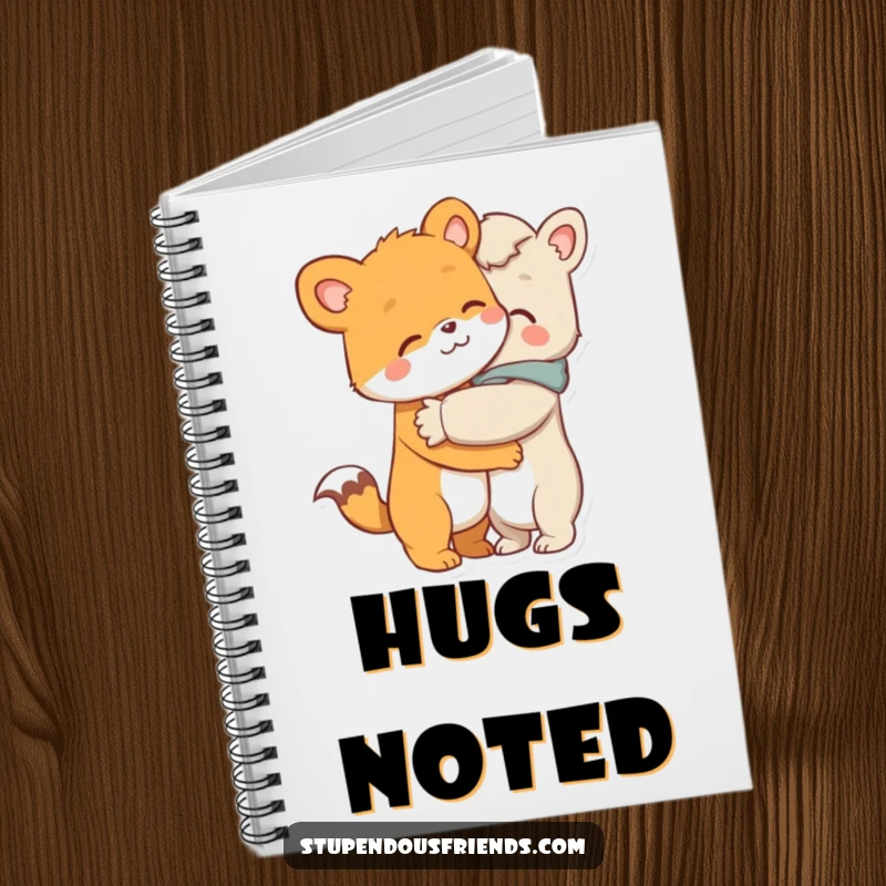 Funny notebook featuring an animal character giving a warm, comforting hug to another, designed for jotting down thoughts and kind messages.