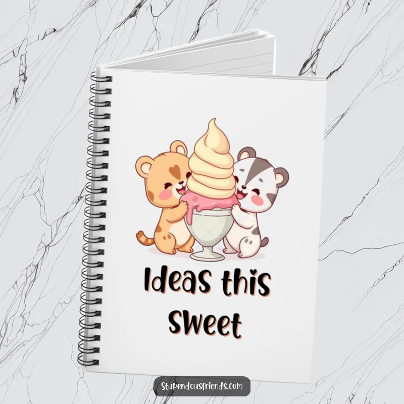 Funny animals sharing a giant scoop of ice cream with happy expressions, featured on the cover of this notebook for sweet inspiration.