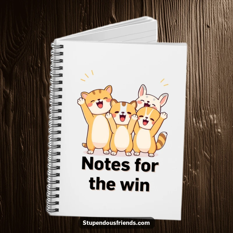 Funny notebook with a design of energetic animals cheering with raised paws, encouraging creativity and goal setting.