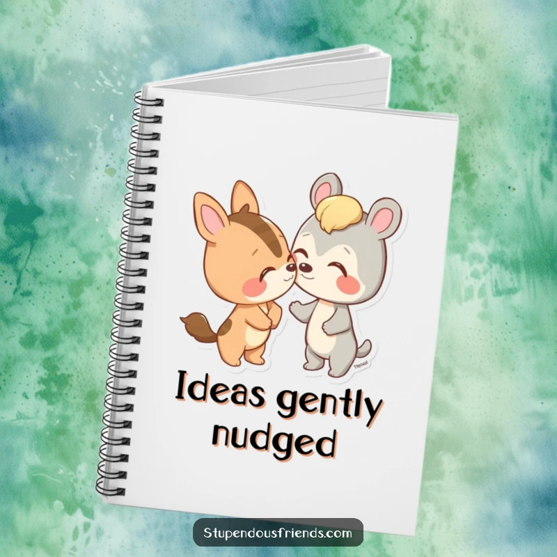 Funny notebook cover with an animal character playfully nudging a friend with its nose, inspiring kind thoughts.