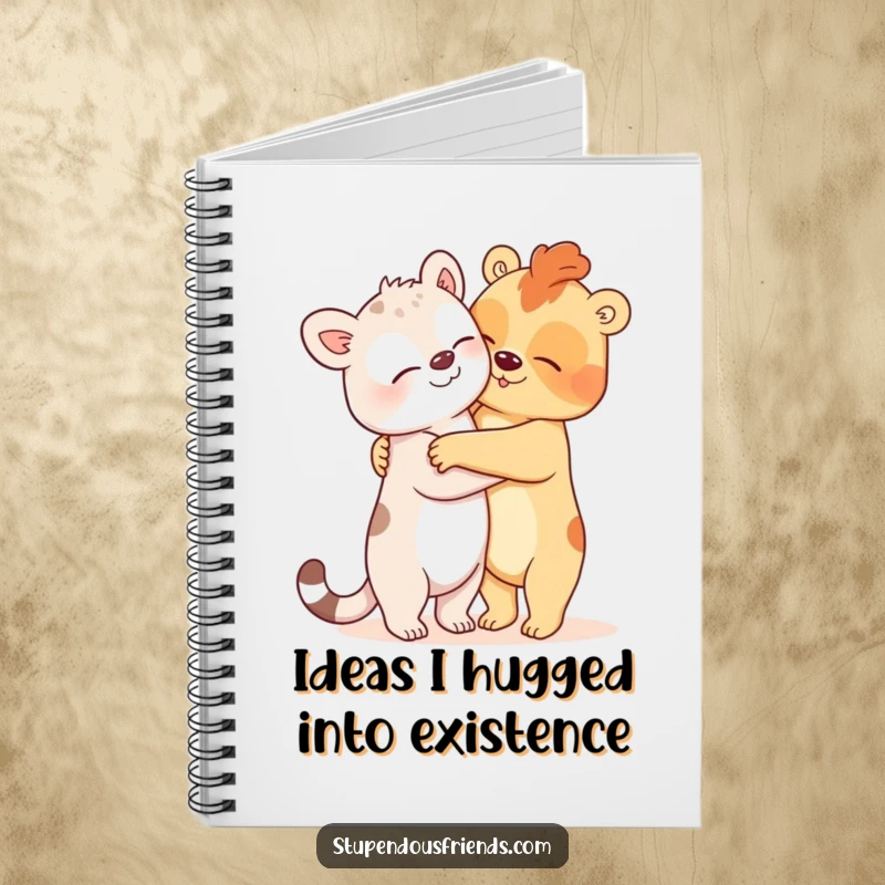 Funny Notebook with two animals in a comically oversized hug on the cover, inspiring creativity and laughter for all your writing needs.