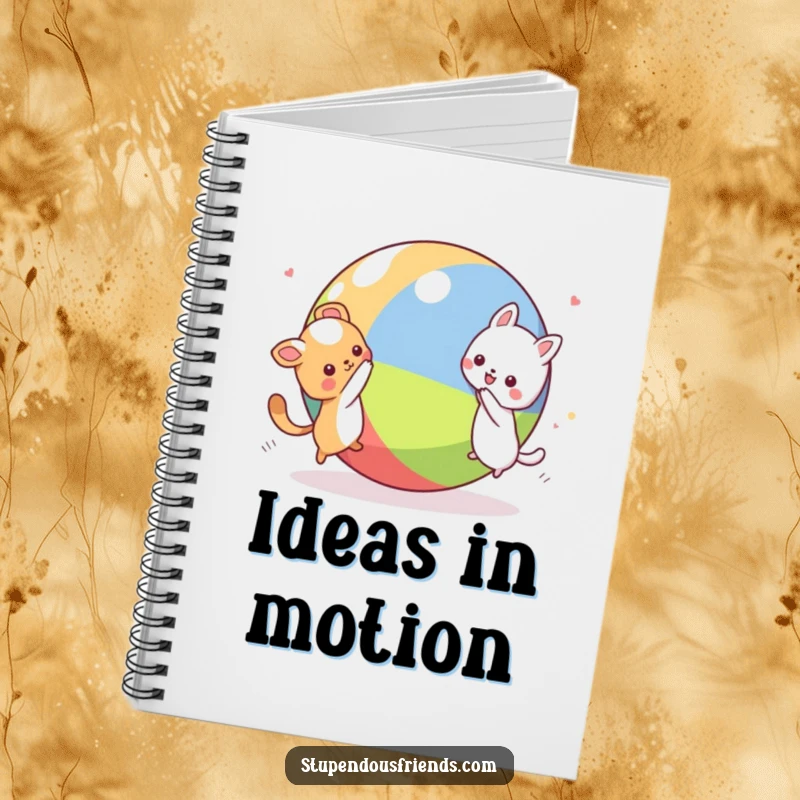 Funny Kawaii animal characters in a playful chase around a colorful ball, on the cover of a lined notebook, a humorous stationery gift.