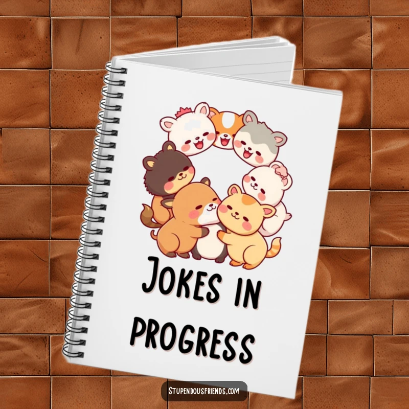 Funny Kawaii animals in a laughing circle on the cover of a lined notebook, a humorous and joyful stationery item for gifting.