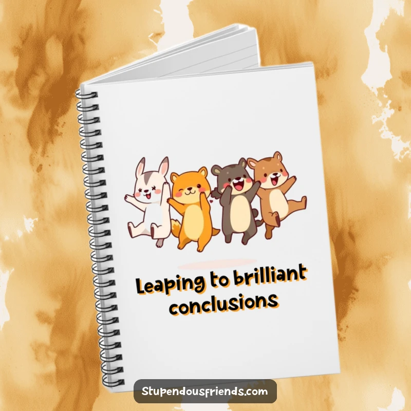 Funny animal characters in a synchronized leap, depicted on the cover of this notebook, ready to inspire hilarious thoughts and notes.