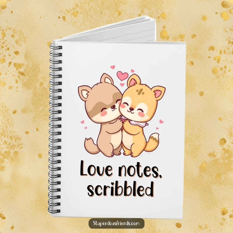 Funny notebook with two cute animal characters hugging, hearts radiating between them, inspiring heartfelt entries.