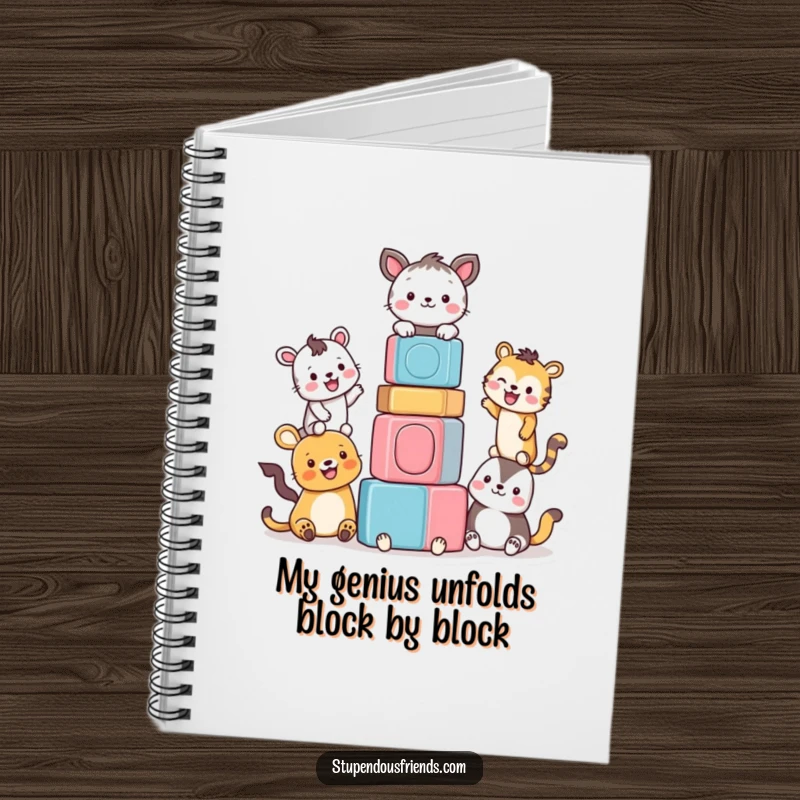 Funny notebook cover depicting cheerful animals building a tall tower of colorful blocks, promoting creativity and fun.