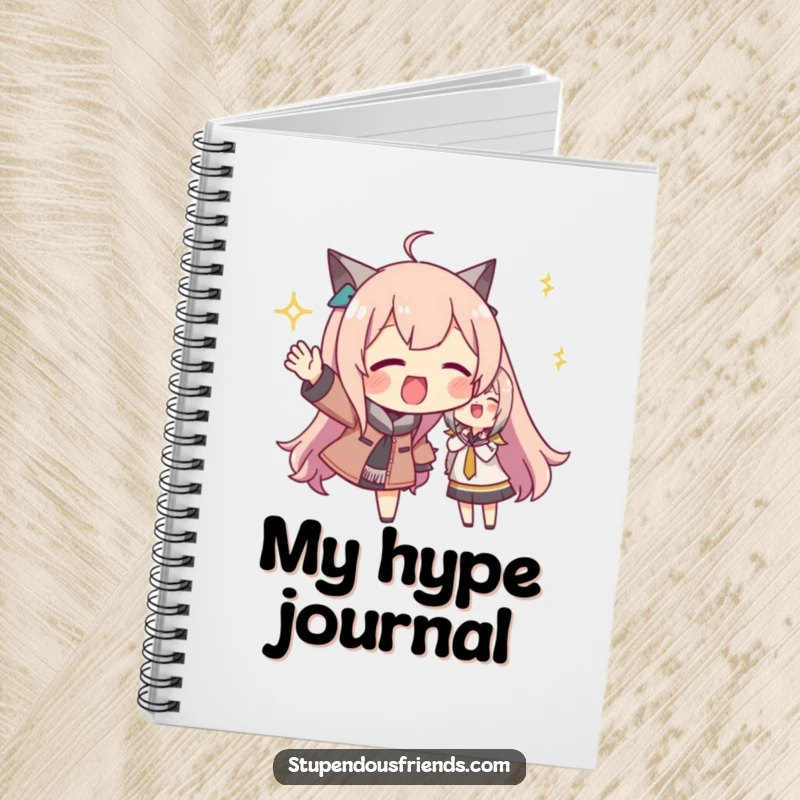 Funny notebook with a character enthusiastically cheering and making gestures, perfect for capturing ideas and notes with a dose of motivation.