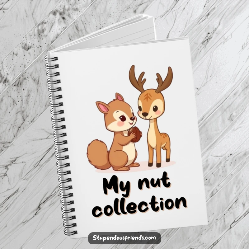 Funny Notebook featuring a squirrel giving a nut to a deer, great for journaling and creative writing.