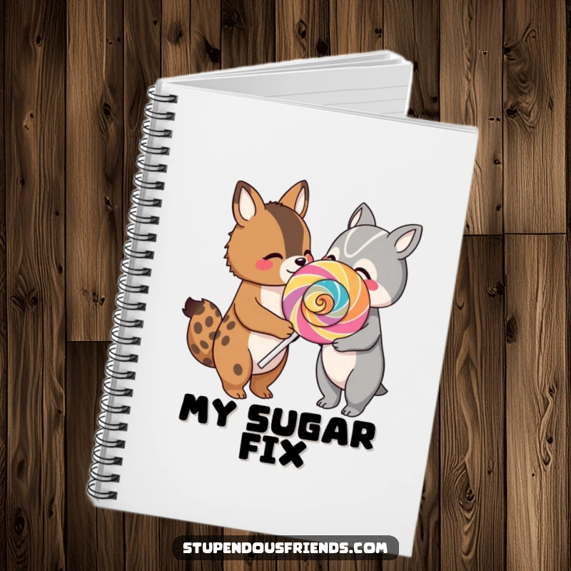 Funny notebook featuring two cute animal characters sharing a large, colorful lollipop, ideal for jotting down sweet thoughts and ideas.