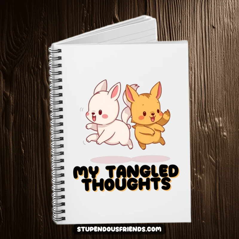 Funny notebook cover featuring animals joyfully running, their tails creating a whimsical, intertwined pattern.