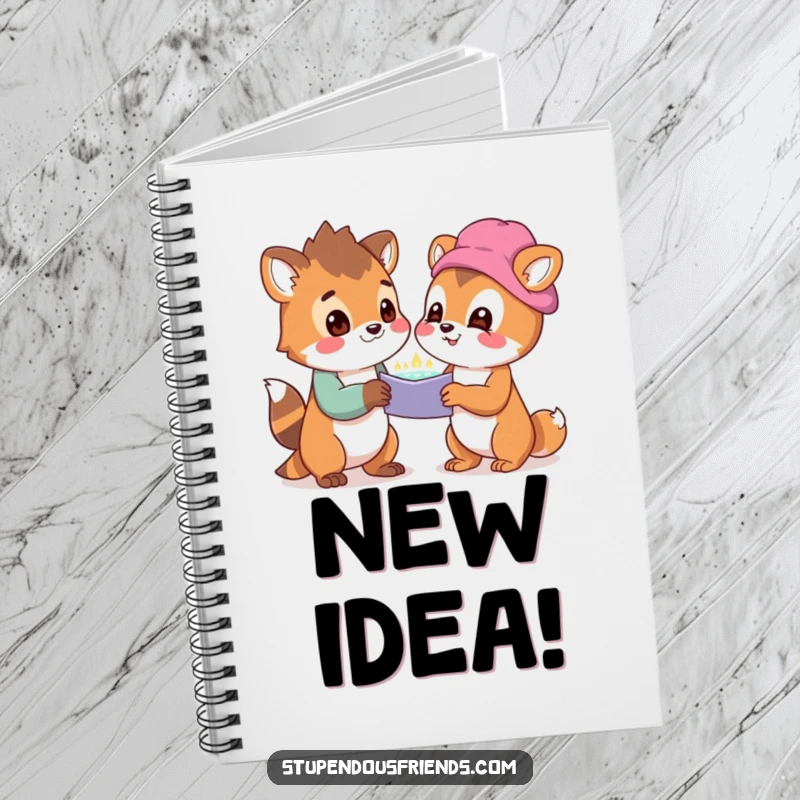 Funny notebook featuring two animal characters looking at a shared, wondrous discovery with delight, designed for jotting down ideas and observations.