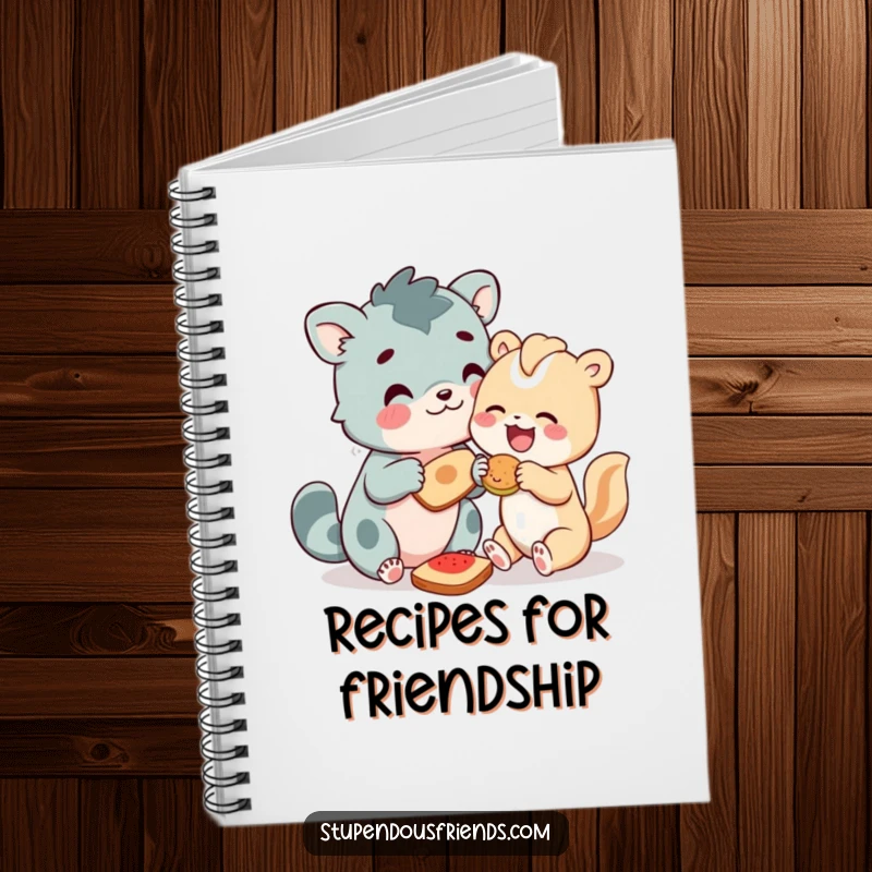 Funny Animal Notebook featuring characters sharing food joyfully, inspiring thoughts on friendship and generosity with a humorous design.