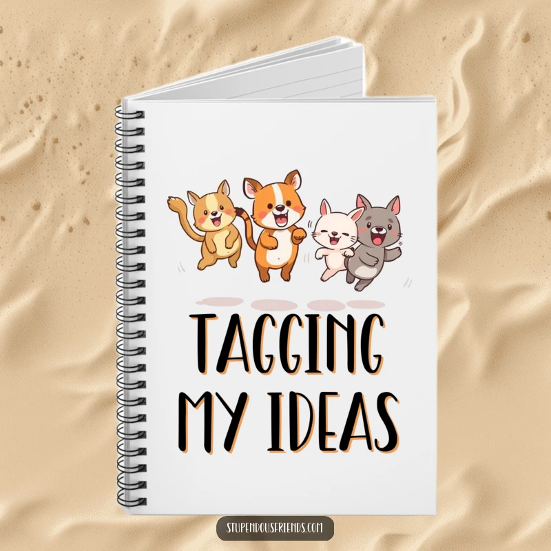 Funny notebook cover featuring animals energetically playing tag, perfect for jotting down ideas.