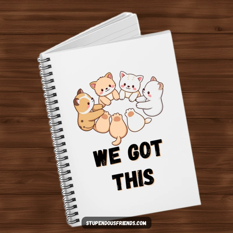 Funny notebook featuring a group of animal characters holding paws in a circle, ideal for note-taking and fostering a sense of community.