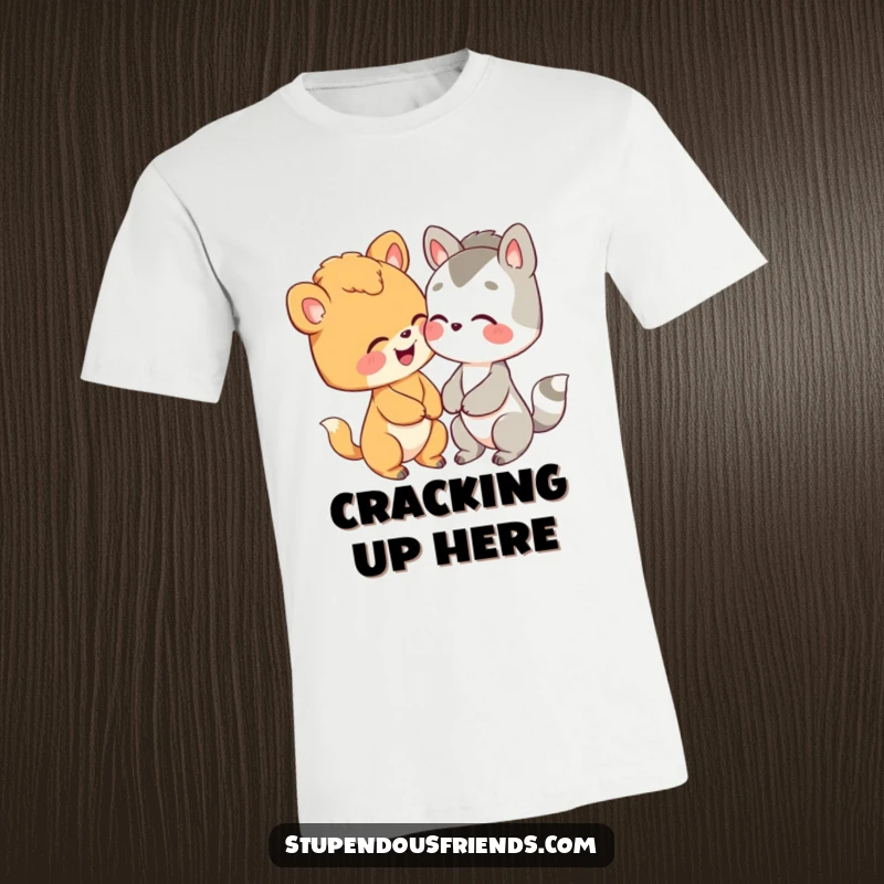 Funny t-shirt featuring two adorable cartoon animals caught in a moment of contagious giggling, looking utterly amused.