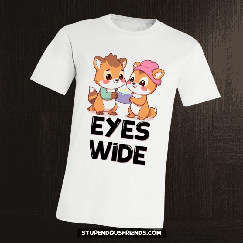 Funny t-shirt with two animals looking at a shared, wondrous discovery, capturing a moment of mutual delight and excitement.
