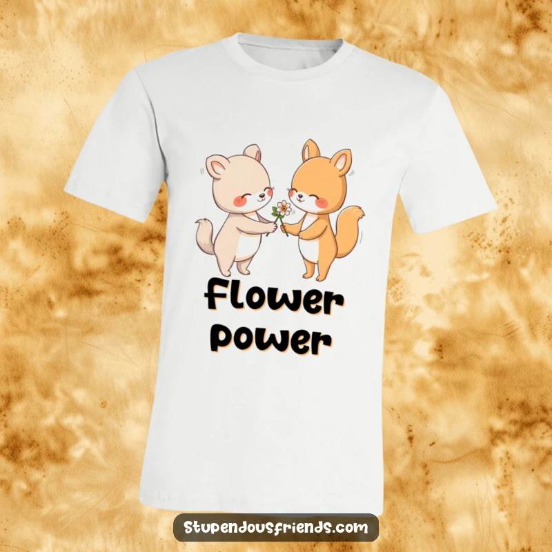 Funny t-shirt depicting one animal character offering a flower to another with a gentle and friendly gesture, symbolizing kindness.
