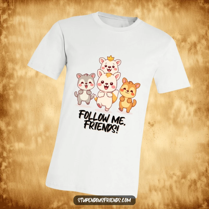 Funny Kawaii animal leading friends on an adventure, pointing forward on a T-shirt, a humorous design for motivational gifting.
