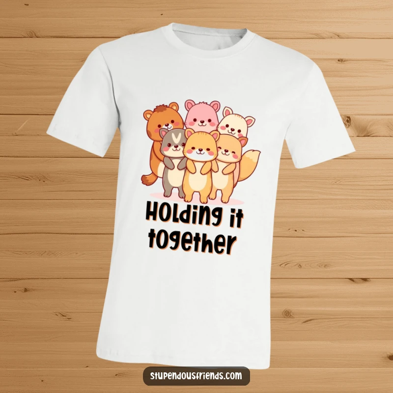 Funny t-shirt depicting animals linked hand-in-hand, forming a vibrant and joyous chain, symbolizing unity.