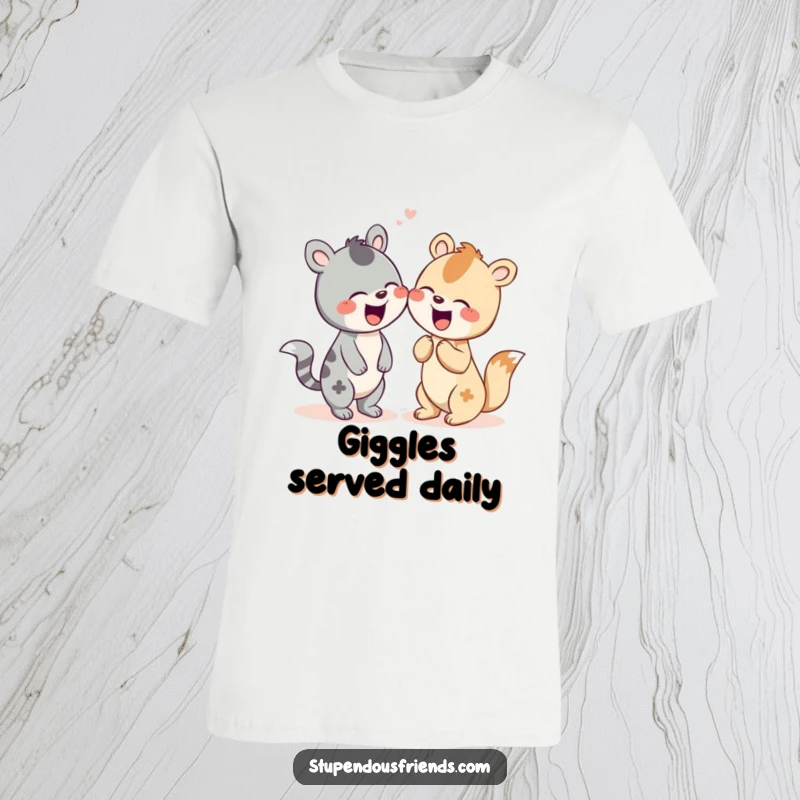Funny T-shirt featuring two playful animal characters sharing a hearty giggle.