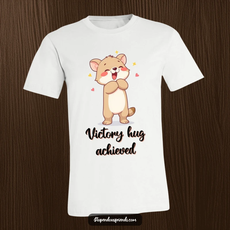 Funny t-shirt showcasing a happy animal character lifting another in a warm, celebratory hug, radiating friendship and fun.