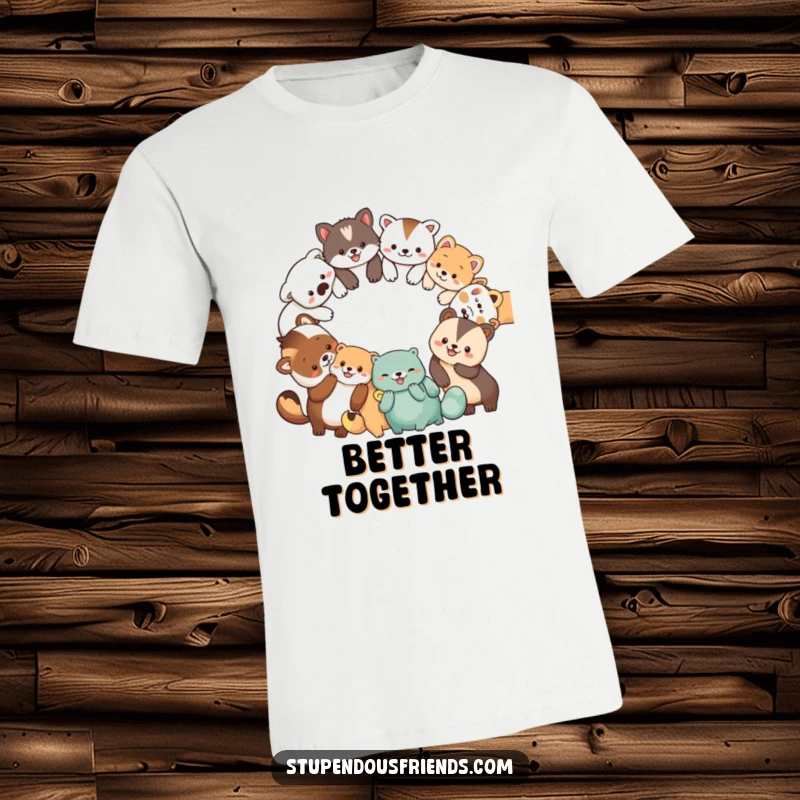 Funny t-shirt featuring a diverse group of smiling animal characters in a circle, holding paws, symbolizing friendship and happiness.