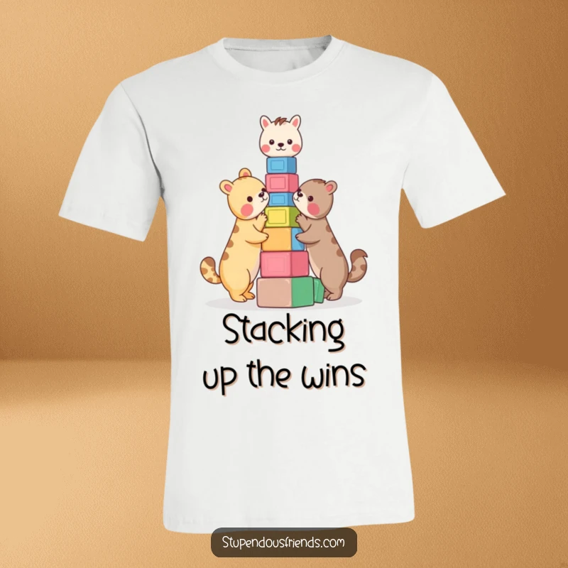 Funny T-Shirt: Two animals engaging in a fun building project, stacking colorful blocks high. This funny tee is about creativity and joy.