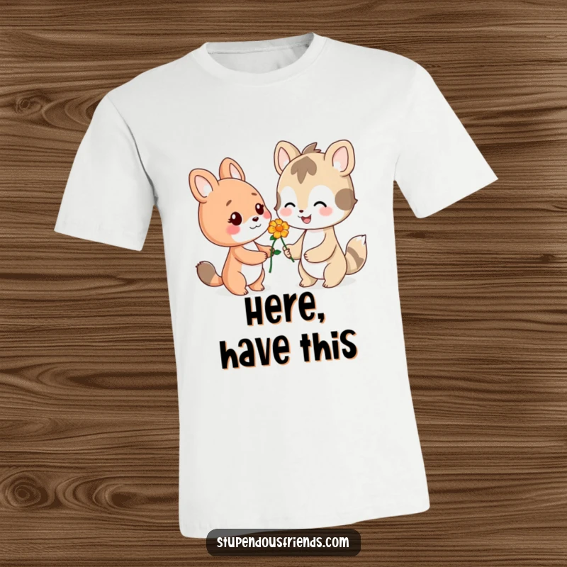Funny t-shirt illustrating a friendly animal character smiling and presenting a lovely flower to another character.