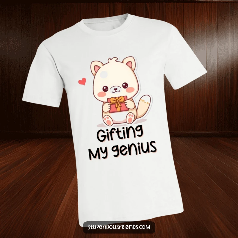 Funny t-shirt with an animal proudly offering a DIY gift, celebrating thoughtfulness and friendship. A sweet funny gift.