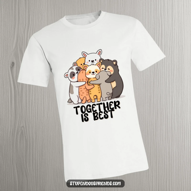 Funny animal friendship t-shirt, a group of pals huddled together with arms around each other, representing support and unity.