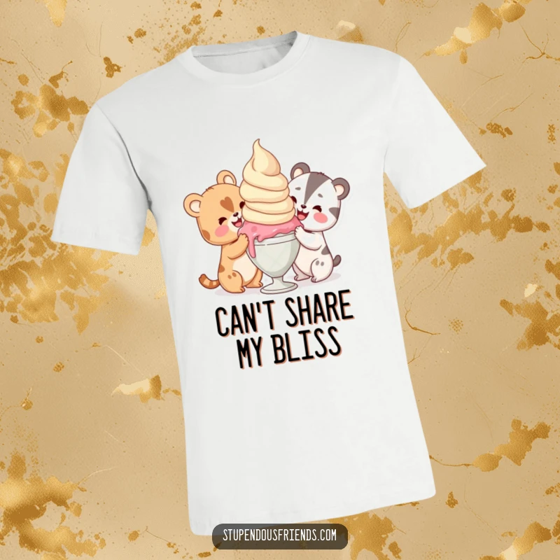 Funny animals joyfully sharing a single, oversized scoop of ice cream, looking utterly delighted on this fun t-shirt design.